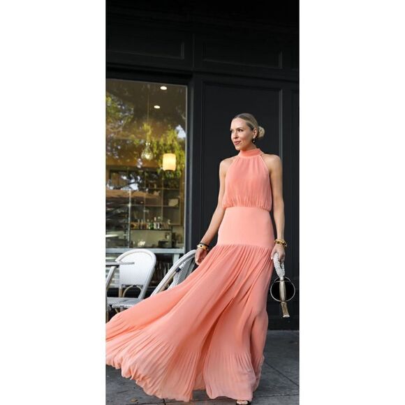 Veronica Beard Dresses & Skirts - Veronica Beard Lilliana Pleated Halter Maxi Dress in Bright Coral Size 2